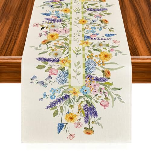 Chemin de Table Fleurs Printemps, 33x183 cm Chemin de Table de Pâques, Lin de Haute Qualité, Décoration de Table à Manger de Printemps pour Cuisine, Salle...