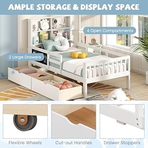 Giantex Twin Bed with 2 Storage Drawers, Solid Wood Kids Bed Frame w/Bookcase Headboard & Blackboard, Full-Length Guardrails & Wooden Slats Support, Twin Bed Frames for Kids Boys Girls, White Giantex Twin Bed with 2 Storage Drawers Solid Wood Kids Bed Frame wBookcase Headboard Blackboard Full Length Guardrails Wooden Slats Support Twin Bed Frames for Kids Boys Girls White