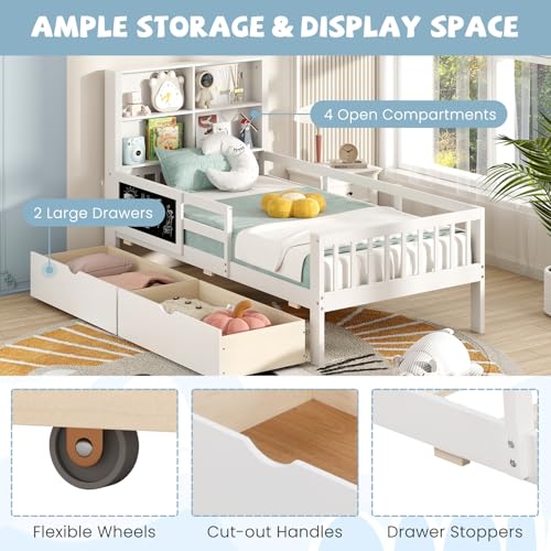 Giantex-Twin-Bed-with-2-Storage-Drawers-Solid-Wood-Kids-Bed-Frame-wBookcase-Headboard-Blackboard-Full-Length-Guardrails-Wooden-Slats-Support-Twin-Bed-Frames-for-Kids-Boys-Girls-White Giantex Twin Bed with 2 Storage Drawers Solid Wood Kids Bed Frame wBookcase Headboard Blackboard Full Length Guardrails Wooden Slats Support Twin Bed Frames for Kids Boys Girls White