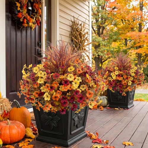 Image of Bassion Artificial Fall Mums for Outdoors Decor, 16 Pcs Fake Fall Flowers | Realistic, faux plants, silk flowers, UV resistant, no fade, outdoor yard porch garden planter window box home autumn decor