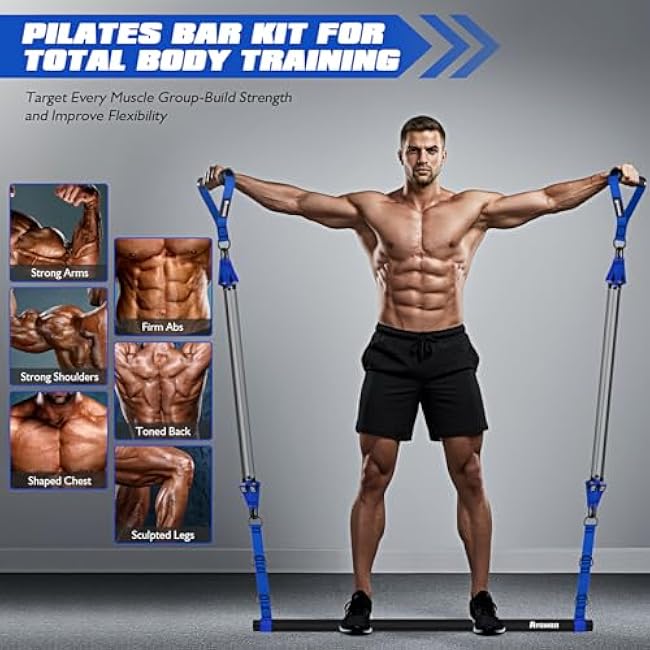 Portable Gym Pilates Bar Kit with Resistance Bands, Heavy Duty Pilates Equipment, Adjustable Resistance Bands for Home Squat Exercise, Waist, Arm, Abs, Chest Muscle Strength Workout Equipment