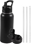 Bouteille d'eau isolée, 32oz Bouteilles d'eau de sport en métal inoxydable sous vide, Paille & Couvercle (2 Lids), double paroi pour garder chaud et froid, fuite preuve, sans BPA, 32oz (Noir)