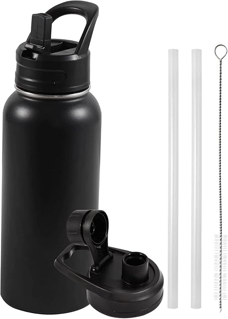 Bouteille d'eau isolée, 32oz Bouteilles d'eau de sport en métal inoxydable sous vide, Paille & Couvercle (2 Lids), double paroi pour garder chaud et froid, fuite preuve, sans BPA, 32oz (Noir)