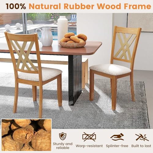 Image of COSTWAY Wooden Dining Chairs Set of 4 with Fabric Padded Seat, Natural | Farmhouse Armless Kitchen Side Chair with Rubber Wood Frame & High Back for Dining Room, Living Room and Restaurant