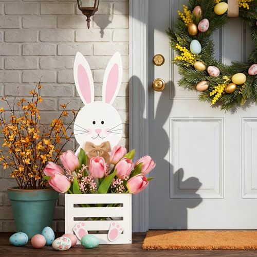 Teecyhooo Large Easter Decorations Outdoor Wooden Bunny Planter Box Flower
