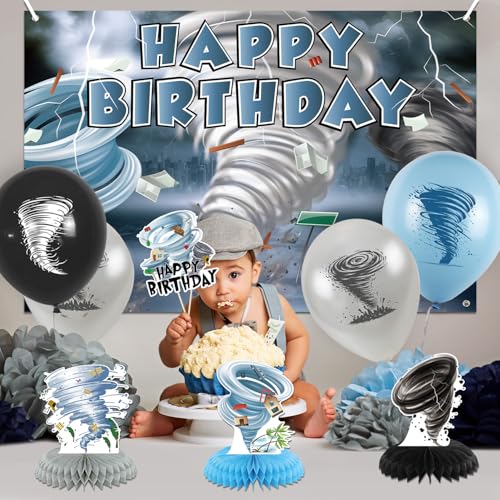 Image of Tornado Birthday Party Decorations - Tornado Party Supplies including Happy Birthday Banner, Spirals, Cake Toppers, Table Centerpieces, Balloons, Tablecloth (BJ)