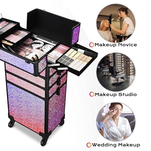 BYOOTIQUE 4in1 Rolling Cosmetology Case on Wheels Hairdressing Brush Bags Cosmetic Organizer Lash Storage Box for Makeup Artist Beauty Salon Nail Technician Hairstylist,Mermaid Pink - Thumbnail 2