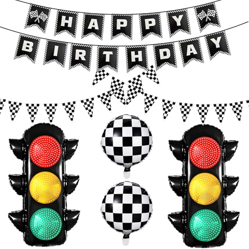 Image of Race Car Birthday Party Decorations with Traffic Light Balloons,Automobile Party Decor for Kids Include Transportation Light Balloons Happy Birthday Banner Checkered Pennant Banner Checkered Balloon