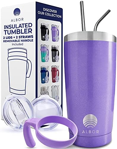 ALBOR Insulated Tumbler with Lid and Straw - 20 oz Insulated Coffee Mug with Handle, Travel Coffee Mug with 2 Lids, 2 Metal Straw, Brush and Storage Bag, Glitter Violet
