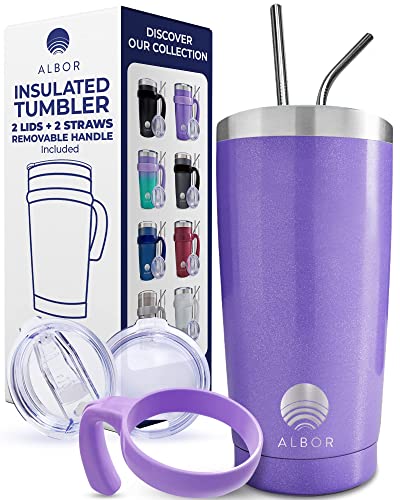 Albor Insulated Tumbler With Lid And Straw - 20 Oz Insulated Coffee Mug With Handle, Travel Coffee Mug With 2 Lids, 2 Metal Straw, Brush And Storage Bag, Glitter Violet #TOP1