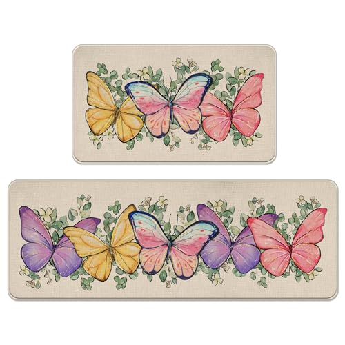 Tailus Spring Summer Colorful Butterfly Kitchen Rugs Set of 2, Eucalyptus Leaves Kitchen Mats Decor, Seasonal Floor Door Mat Home Decorations -17x29 and 17x47 Inch