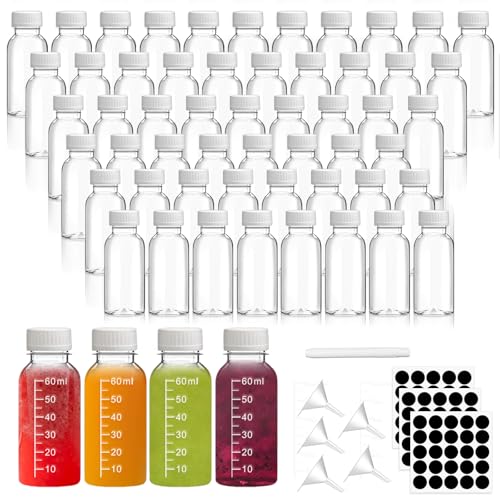 54 Pcs Small Ginger Shot Bottles with Lids Plastic Reusable Clear Shot Containers with Scale for Juicing Smoothies Milk Coffee and Drinks with 3 Labels 6 Funnels and 1 Pen (White,2 oz)