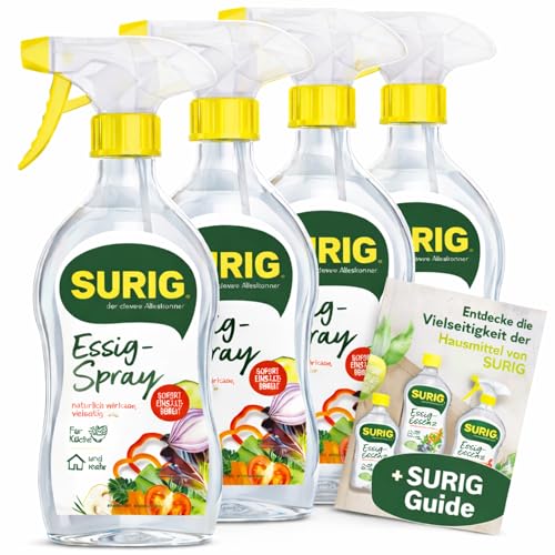 SURIG Essigspray 500 ml im 4er Set + Mini Guide - gebrauchsfertige Essigsäure 8% in Sprühflasche - zum Würzen Säuern Reinigen und Entkalken in Küche und Haushalt