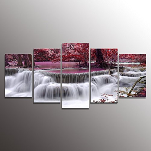 Formarkor Art Canvas Print for Living Room Decoration, Kx00202 Framed, Stretched , 5 Panels Red Dreamlike Waterfall Painting Wall Art Picture Print on Canvas- High Definition Modern Home Decor