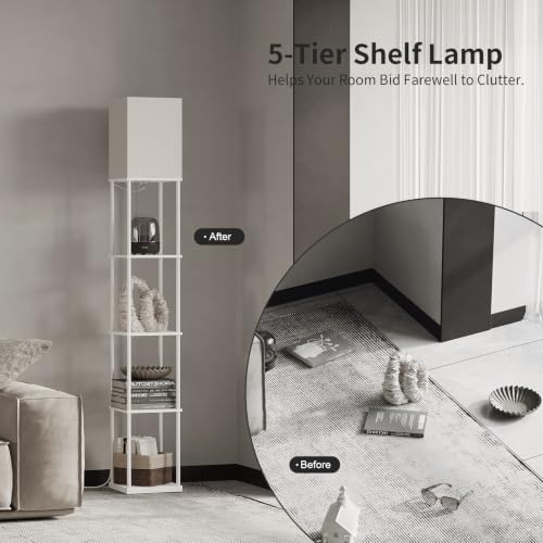 Image of SUNMORY 5 Tier Floor Lamp with Shelves, Standing Lamps for Living Room | 3 CCT LED Bulb Include, 70 inch Tall Corner Shelf Lamp, Display Bookshelf, Modern Style for Bedroom, Office, Home Decor