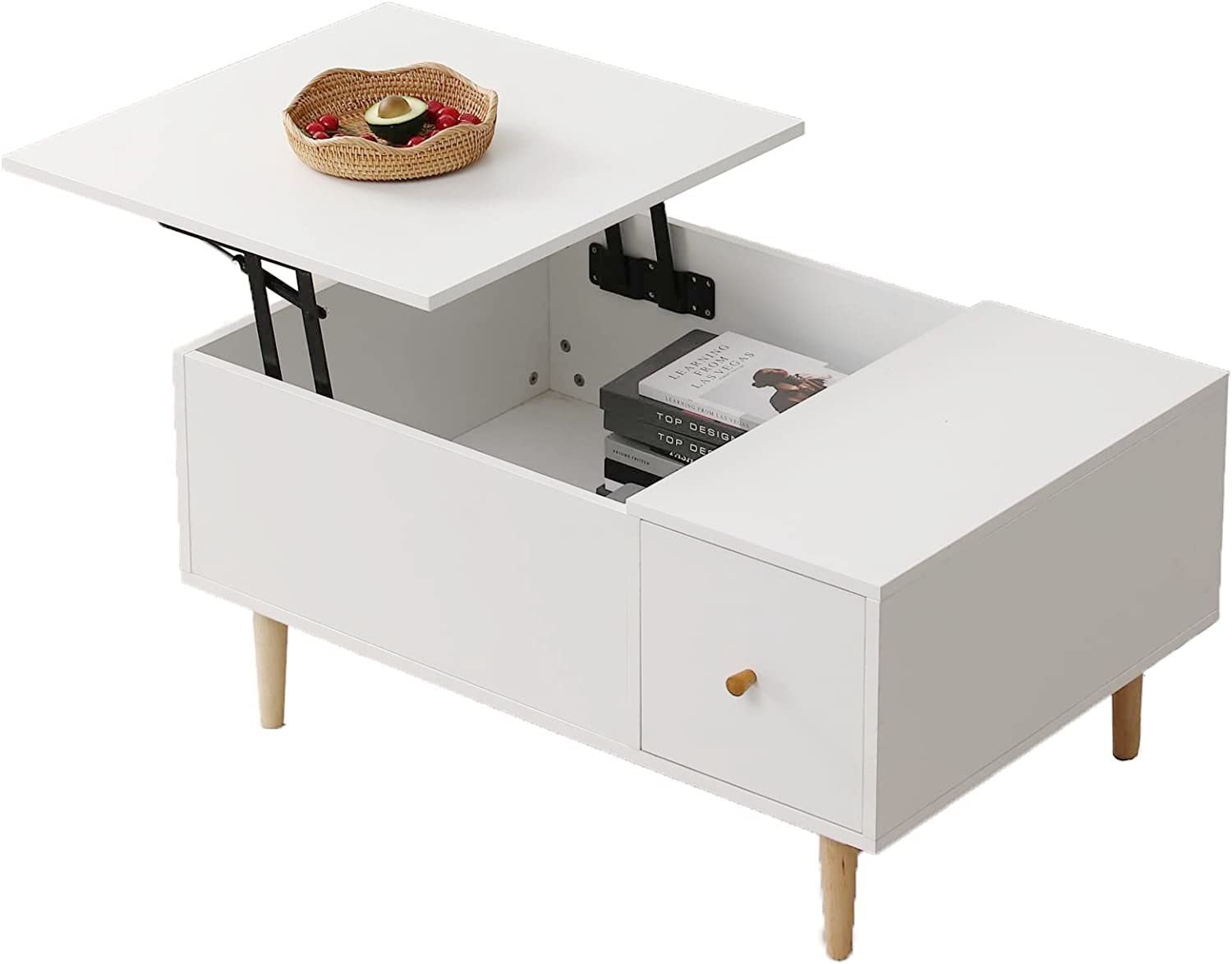 T.F.WONG White Lift Top Coffee Table, 35.5 x23.6 x17 inch, Modern Wooden Coffee Table with Hidden Compartment & Dual Side Drawers, for Living Room, Home and Office