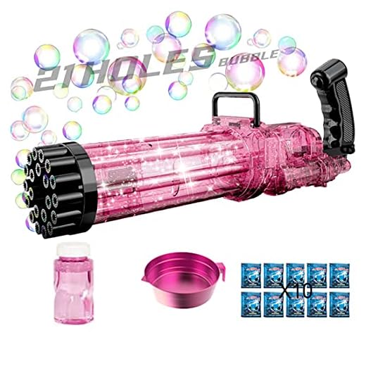 Mangold Upgraded Large Automatic Bubble Machine with Light Bubble Guns Automatic Bubble Gun Toy 21-Holes Huge Amount Bubble Maker for Boys and Girls(Upgraded Large Pink)