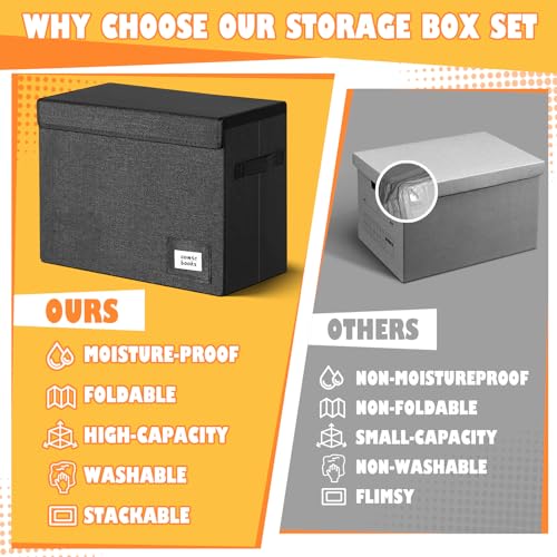 Image of Leffis 4 Pack Comic Book Storage, Collapsible and Stackable Comic Short Box, Moistureproof Comic Box with Lid and Label Slot 15.5 inch X 7.5 inch X 11.3 inch Holds 150 Comics