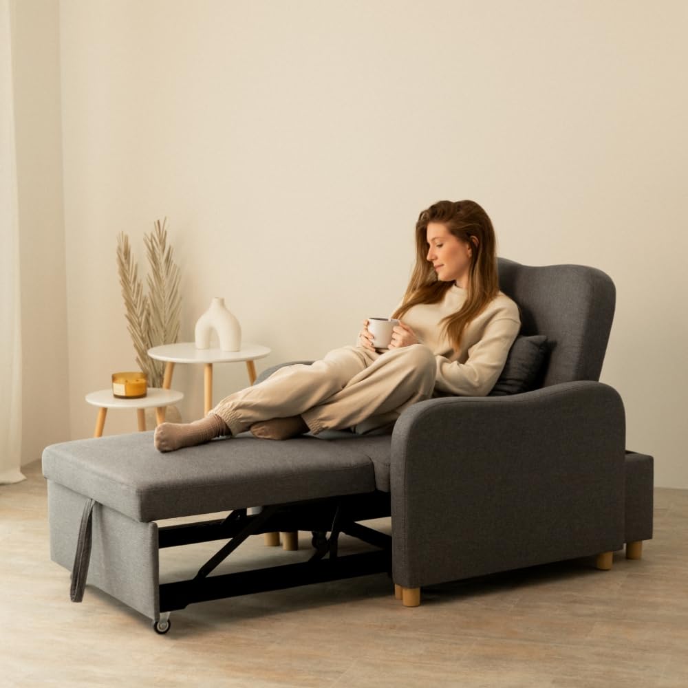 Nalui- Sillon Cama Buddy 92x97x90cm con Respaldo Ajustable 2 Posiciones y Almohada. Sofá Cama 1 Plaza 3 en 1 de Lino, Soporta hasta 200Kg. Sofá Cama Individual con Reposabrazos, Marengo