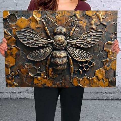 SEMARY Bee FAKE 3D Effcet Canvas Wall Art - Bathroom Wall Decor, Office Decor for Artwork Print Posters For Living Room Bedroom Kitchen Framed Wall Art Ready To Hang - Z3363-12x18in Cover