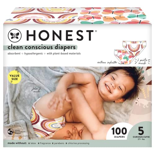 Image of The Honest Company Comfort Dry Disposable Diapers Plant-Based Sustainable Wingin' It and Catching Rainbows Super Club Box Size 5 27and lbs 100 Count