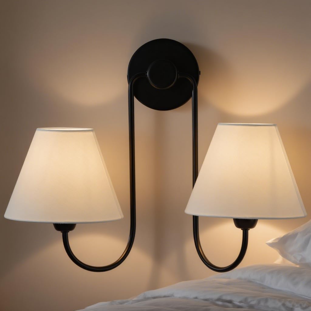 Contemporary Linen Shade Sconce, Stainless Steel White Linen Shade Wall Sconce, Wall Light for Bedroom, Living Room, Entryway, Kitchen, 17.5" w x 9.5" d x 14" h (Black)