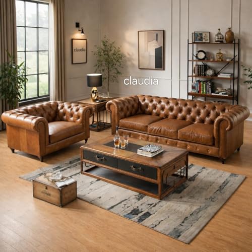 Image of Modern Classic Design Leatherette Luxury Chester Sofa Set with Button Tufted, Sofa for Living Room, Home, Office Bar, Hotel, Reaturant and Lobby (Brown, 3+1=4 Seater Sofa)