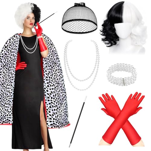 Beamely Costume Cruella 7 pièces avec cape, gants et perruque, pour la journée mondiale du livre