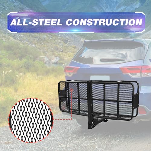 Young 500lb Folding Cargo Rack Carrier 60"x20"x6", 2 Inch Receiver Luggage Basket with Hitch Tightener