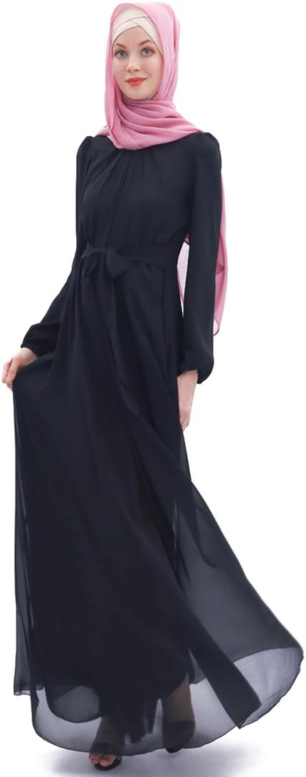 Women's Chiffon Kaftan Abaya Dress Muslim Long Sleeve Self Tie Flowy Maxi Dress Islamic Evening Gown (20243-Black, L)