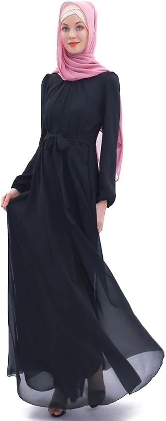 BooW Womens Chiffon Kaftan Abaya Dress Muslim Long Sleeve Self Tie Flowy Maxi Dress Islamic Evening Gown 20243-Black, L
