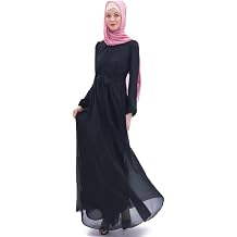 BooW Womens Chiffon Kaftan Abaya Dress Muslim Long Sleeve Self Tie Flowy Maxi Dress Islamic Evening Gown 20243-Black, M