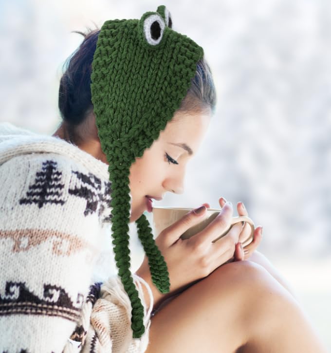 Neer Gorro de Rana de Punto con Ojos 3D – Gorro Kawaii Verde de Tejido de Punto, Gorro de Invierno Cálido como Accesorio Divertido para Ocio y Eventos Temáticos