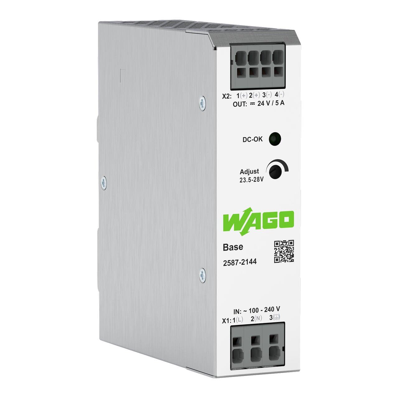 WAGO 2587-2144 – Switched-Mode Power Supply, 1-Phase, 24 VDC, 5 A, DIN Rail Mount, DC-OK LED