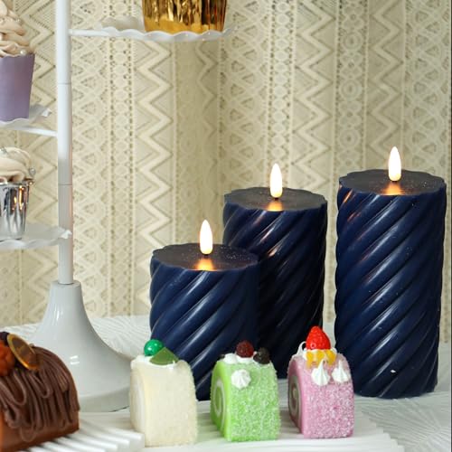 Image of QIDEA Navy Blue Wax Candles Flameless Wax Pillar Candles with Remote Timer | Battery Operated LED Flickering decorative Wax Candles for Home Wedding Party Centerpiece Xmas Decor 3 PCS 3 inchX 4 inch, 5 inch, 6 inch