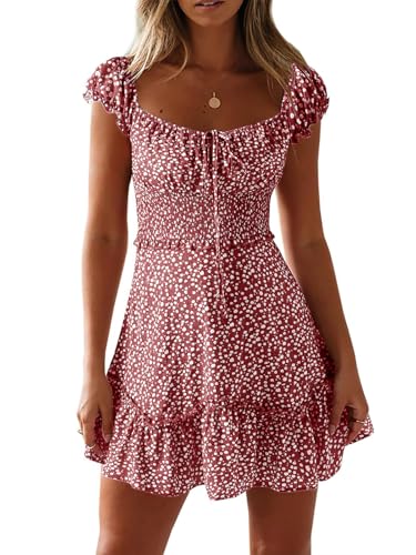 Image of Womens Summer Floral Sundress Ruffle Sleeve Sweetheart Short Mini Dresses | Sun Dress, Sexy, Flowy, Print, Smocked Waist, Western Boho, Beach, Date Night, Country Concert