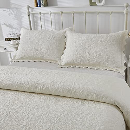 Brandream Cream White Quilts Set Queen Size Bedspreads Farmhouse Comforter Set Matelasse Scalloped Quilt Bedding Set #TOP4