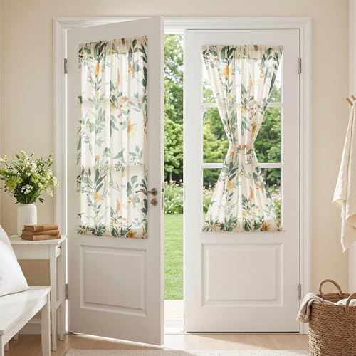 Image of MYSKY HOME Floral Linen Door Curtains Green Farmhouse 2 Panels Semi Sheer