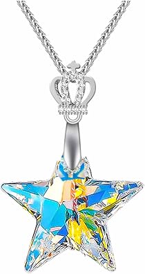 Sterling Silver 925 Austrian Crystal Star Pendant Necklace for Women, with Crown Design and 18+2In Chain Handmade Jewelry Gift