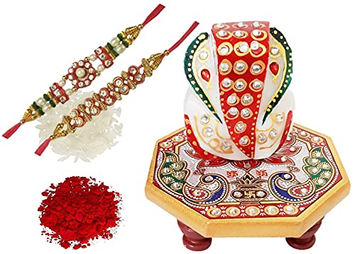 Purpledip Rakhi Set For Brother: Designer Marble Chowki Ganesha, Set of 2 Rakhi & Roli Chawal Tika (rakhi1e)