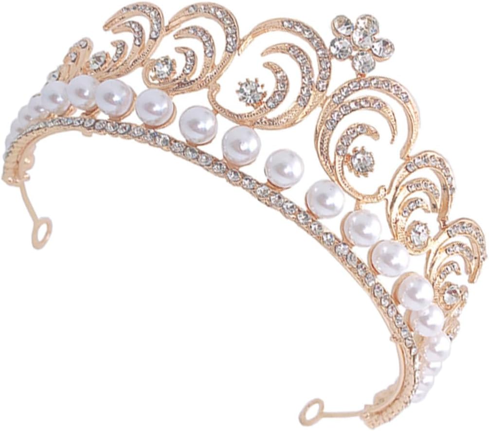 VILLCASE Bridal Crown Baroque Pearl and Rhinestone Headdress Gold Wedding Bride Tiara Hair Accessory Elegant Headpiece for Women Ceremony and Photo Shoot