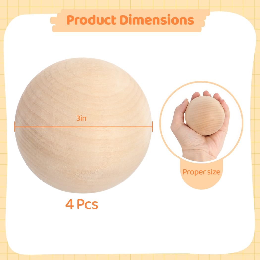 4 Stk. Holzkugeln 3 Zoll, unbehandelte Kugeln aus Natur-Hartholz, kleine glatte Holzkugeln für Basteln, DIY-Projekte und Dekorationen