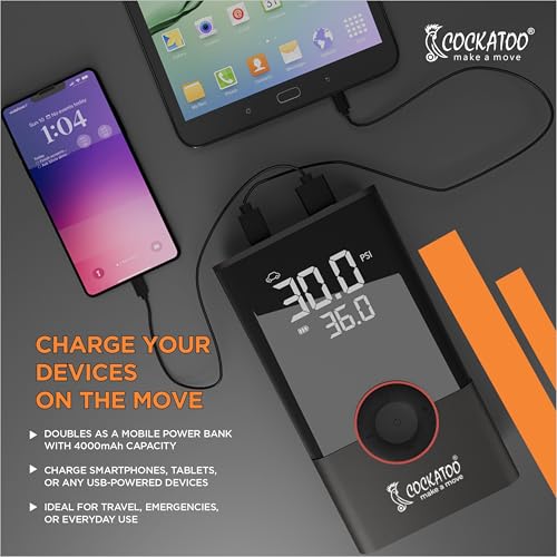 Image of Cockatoo ATJ-005 Tyre inflator Portable Air Compressor Pump with LED Display, 80W Power, 2x2000mAh Battery, Fast Inflation, Tire Pressure Monitoring, Lighting, SOS, and USB Charging