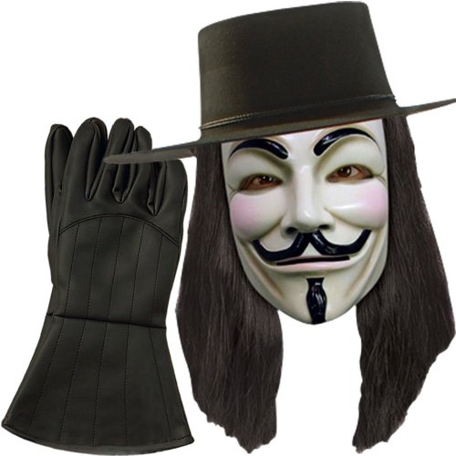 V for Vendetta Hat, Mask, Wig, Gloves Combo Costume Officially Licensed Black