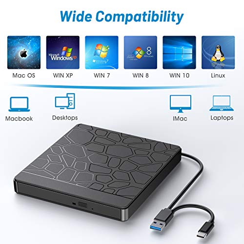 External CD DVD Drive, USB 3.0 Type-C Portable CD/DVD ROM +/-RW Drive/DVD Player Rewriter Burner with 2 USB, SD/TF Port, Micro USB, Compatible with Laptop Desktop PC Windows7/8/10 Linux OS Apple Mac