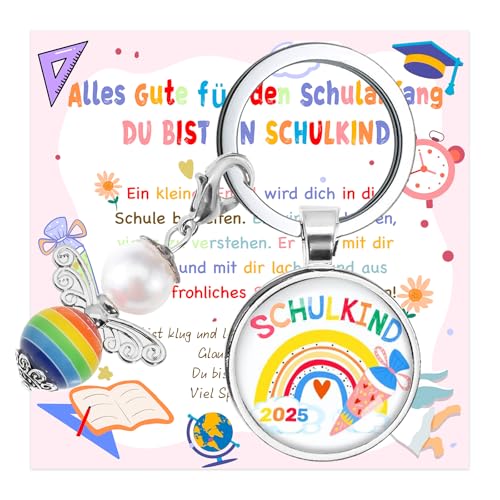 Werfunee Einschulung Geschenk Schultüte Mädchen Schutzengel Schlüsselanhänger für Schulkind - Füllung Schulanfang Glücksbringer mit Grußkarte Geschenkbox.