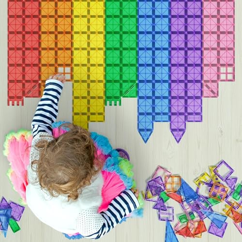 Image of DIMAZO 100 Pieces Magnetic Tiles Magnet for Girls Boys Sensory Magnetic Blocks Building Toys for Kids Preschool Learning Montessori Toy for 3 Year Old Toddler Age 3 to 8 (Multi 100 Magnetic Tiles)