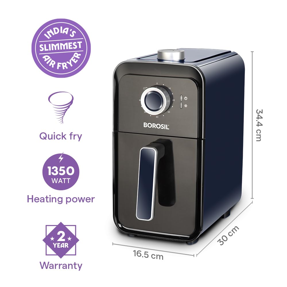 Borosil Best 1350W Slim Air Fryer 3.6 L, 4 in 1 Function with QuickFry Technology
