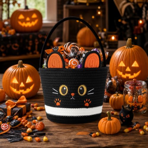 Halloween Basket Trick or Treat Bucket, Cotton Woven Halloween Candy Bucket with Handle, Black Cat Design Basket for Halloween Gifts Party Favors (Black) by E-FirstFeeling - Used condition - Image 2