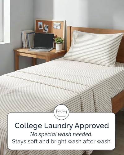 Image of Twin XL 4 Piece Sheet Set - College Dorm Room Essentials - Beige Stripes | Ultra Soft Dorm Bedding Set, 8 inch to 16 inch Inch Deep Pockets, 1 Flat & 1 Fitted Sheet & 2 Pillowcases, Wrinkle & Fade Free